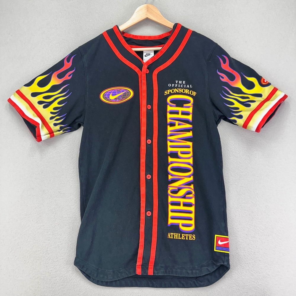 NIke Club Americana Sponser Champions Baseball Tee Medium 90s Y2K Flames Jersey‎